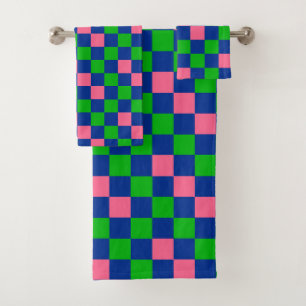 Blue Green Pink Chequered Pattern Design  Bath Towel Set