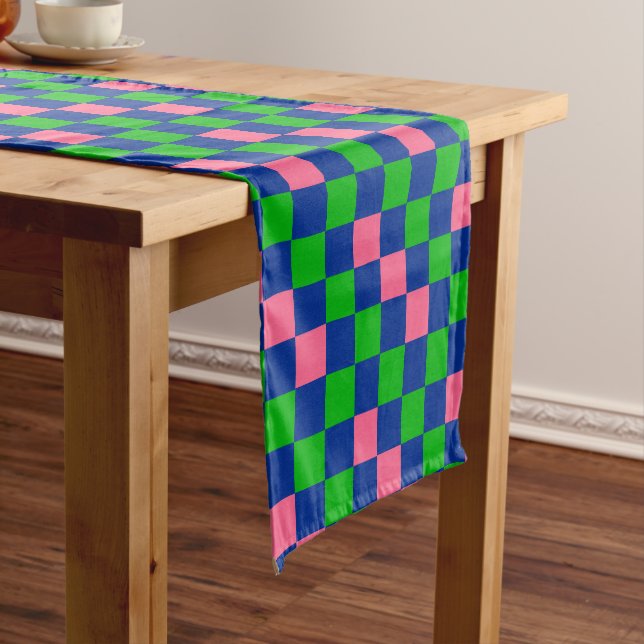 Blue Green Pink Chequered Pattern Design  Short Table Runner (In Situ)