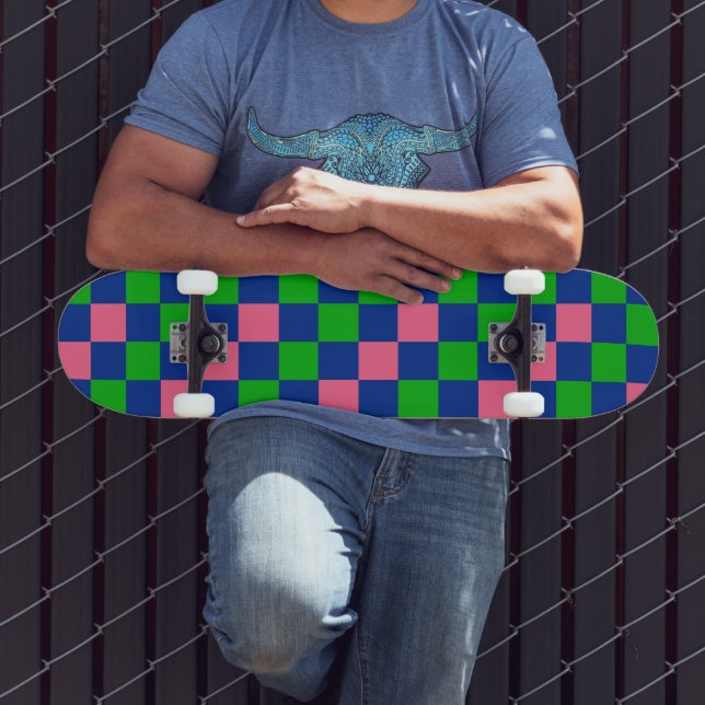 Blue Green Pink Chequered Pattern Design  Skateboard (Outdoor 3)