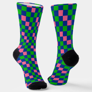 Blue Green Pink Chequered Pattern Design Socks