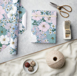 Blue Green Pink Ditsy Flower Boho 70s Vintage  Wrapping Paper