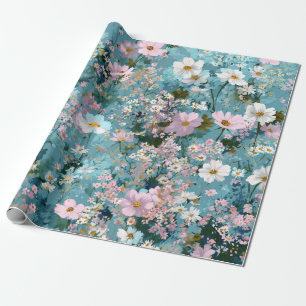Blue Green Pink Ditsy Flower Boho 70s Vintage  Wrapping Paper