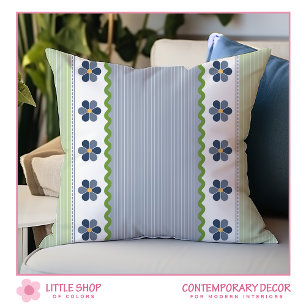 Blue Green Pinstripe Floral Cushion