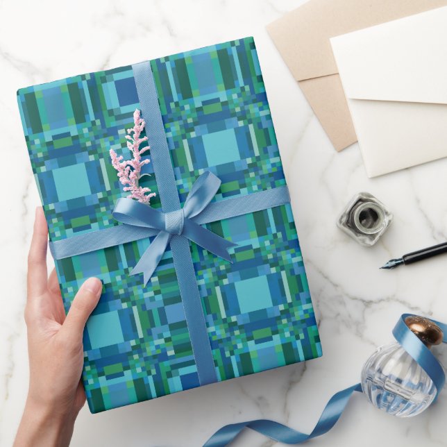 Blue Green Pixelated Geometric Wrapping Paper (Gifting)