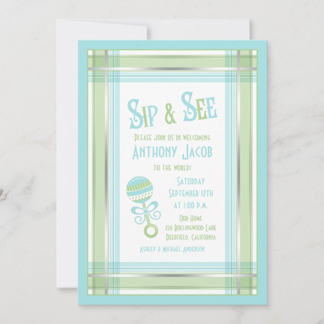 Blue Green Plaid Rattle Baby Shower Sip and See Invitation (Front)
