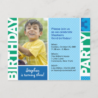 Blue Green Polka Dot 3rd Birthday Invitation Postcard