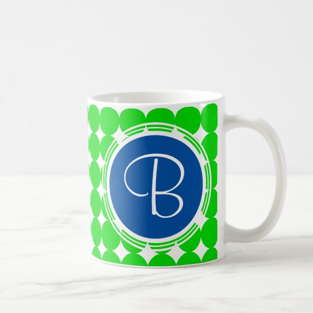 Blue & Green Polka Dot Monogram Coffee Mug (Right)
