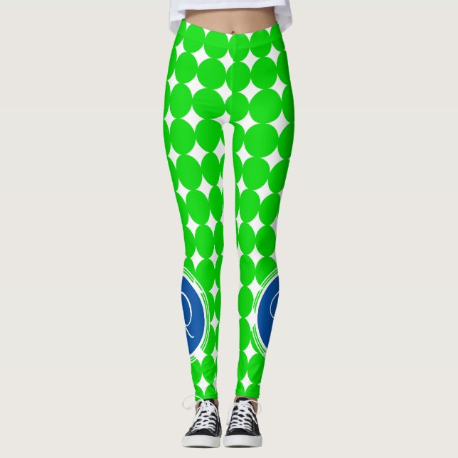 Blue & Green Polka Dot Monogram Leggings (Front)