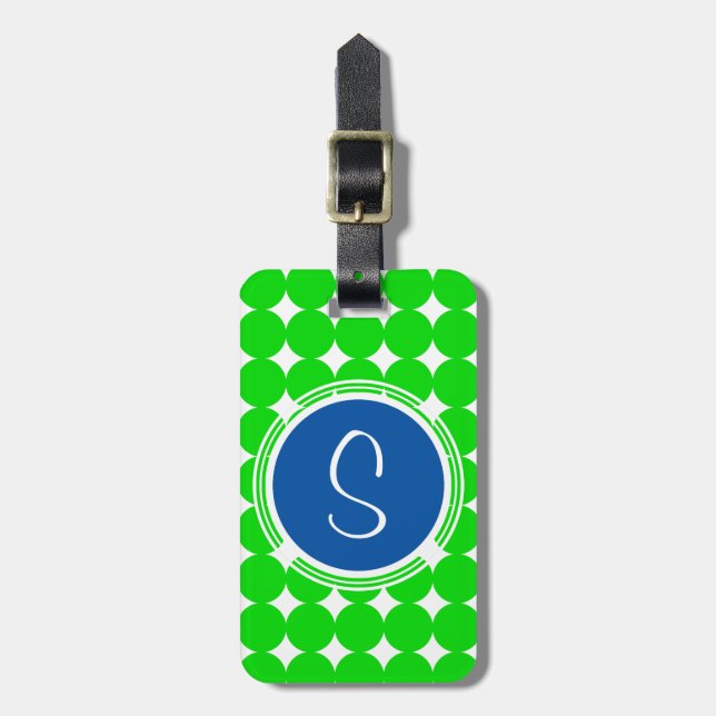 Blue & Green Polka Dot Monogram Luggage Tag (Front Vertical)