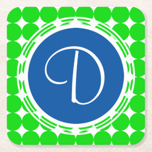 Blue & Green Polka Dot Monogram Square Paper Coaster