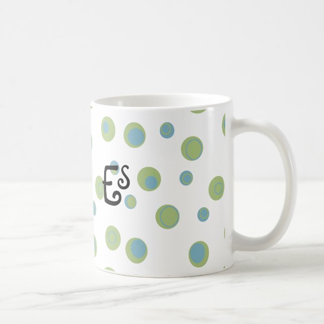 Blue Green Polka Dots Monogrammed Coffee Mug (Right)