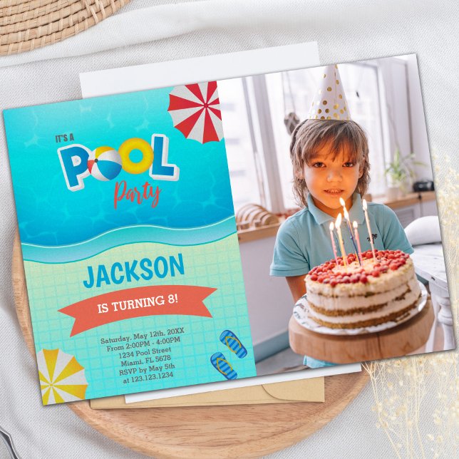 Blue Green Pool Birthday Invitations with photo (Blue Green Pool Birthday Invitations with photo)