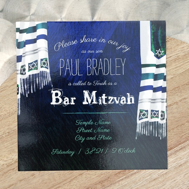 Blue, Green Prayer Shawl Bar Mitzvah Invitation (Dark Blue and Teal Green Bar Mitzvah Invitation with Striped Silver Prayer Shawls, Tallit Design)