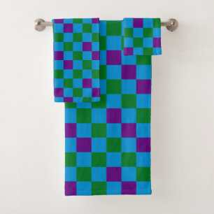 Blue Green Purple Chequered Pattern Design Bath Towel Set