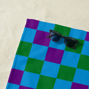 Blue Green Purple Chequered Pattern Design Beach Towel