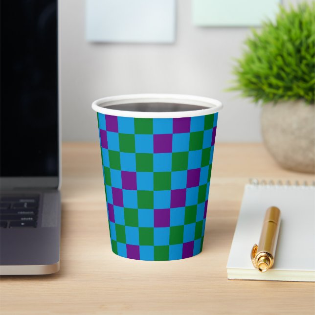 Blue Green Purple Chequered Pattern Design  Paper Cups (Insitu)