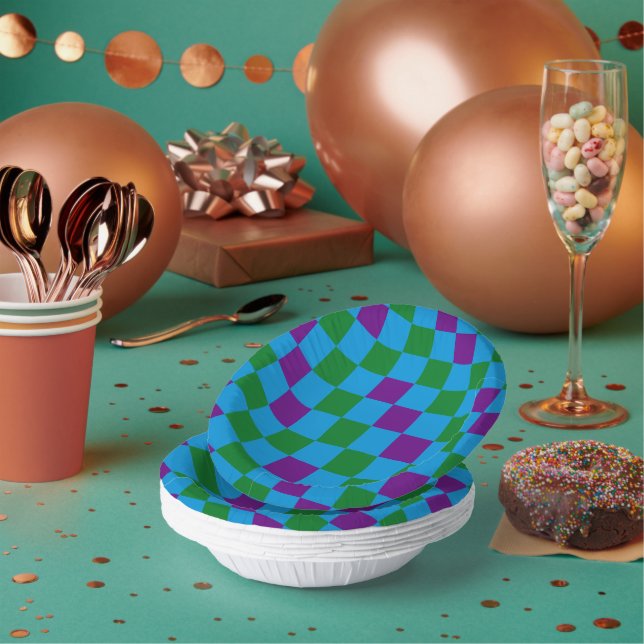 Blue Green Purple Chequered Pattern Design  Paper Plate (Multi)