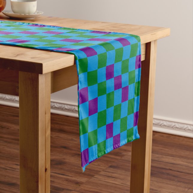 Blue Green Purple Chequered Pattern Design  Short Table Runner (In Situ)