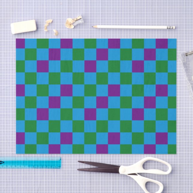 Blue Green Purple Chequered Pattern Design  Tissue Paper (Craft)