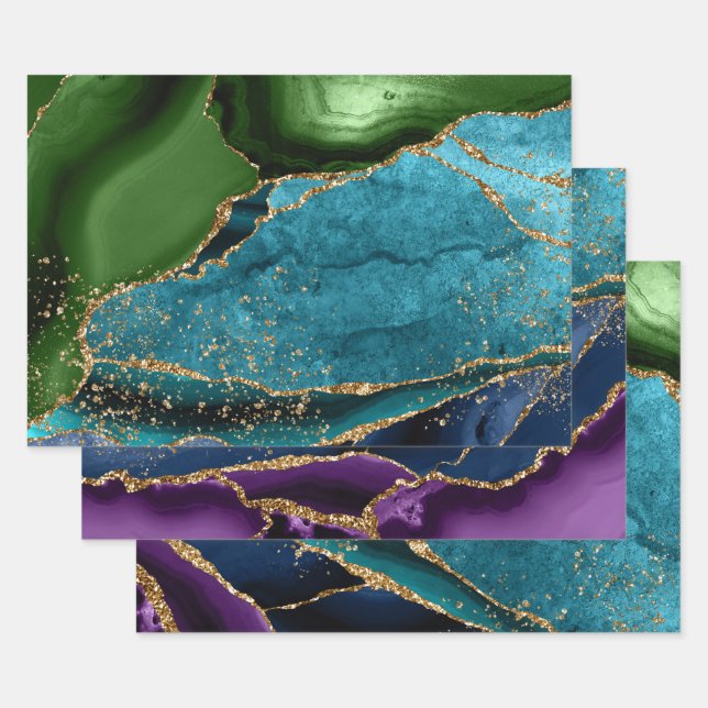 Blue, Green & Purple & Gold Glitter Peacock Agate Wrapping Paper Sheet (Set)