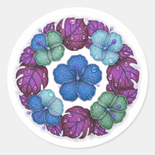 Blue Green Purple Hibiscus Petals and Dew Drops Classic Round Sticker