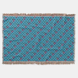 Blue green purple pink flower and black polka dots throw blanket