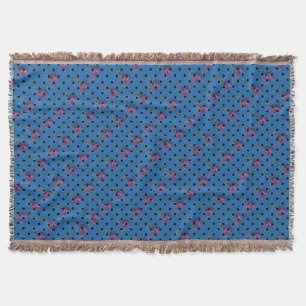 Blue green purple pink flower and black polka dots throw blanket
