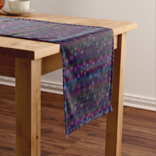 Blue, green, purple, pink squares with stripes short table runner