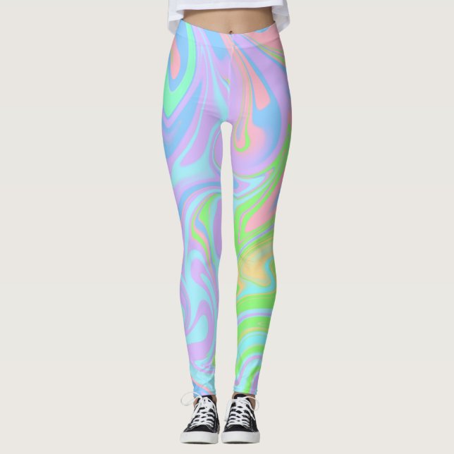 Blue Green Purple Pink Swirl Abstract Design Leggings (Front)