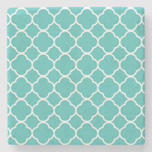 Blue-Green Quatrefoil Pattern Stone Coaster