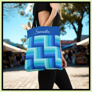 Blue Green Quilt Striped pattern Tote Bag