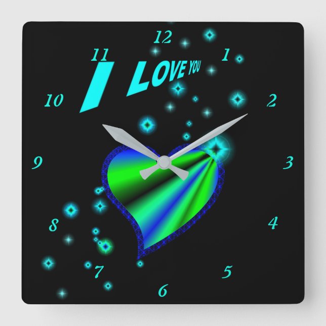 Blue Green Rainbow Heart with Stars Square Wall Clock (Front)