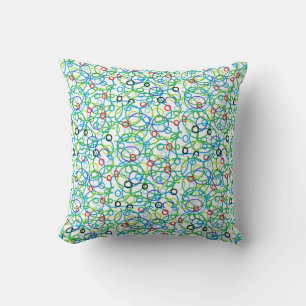 Blue Green Red and Yellow Circles White Background Cushion