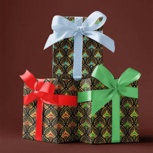 Blue, Green Red Art Deco Pattern On Black Wrapping Paper Sheet
