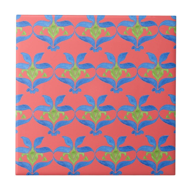 Blue, Green, Red Art Nouveau Pattern Tile (Front)