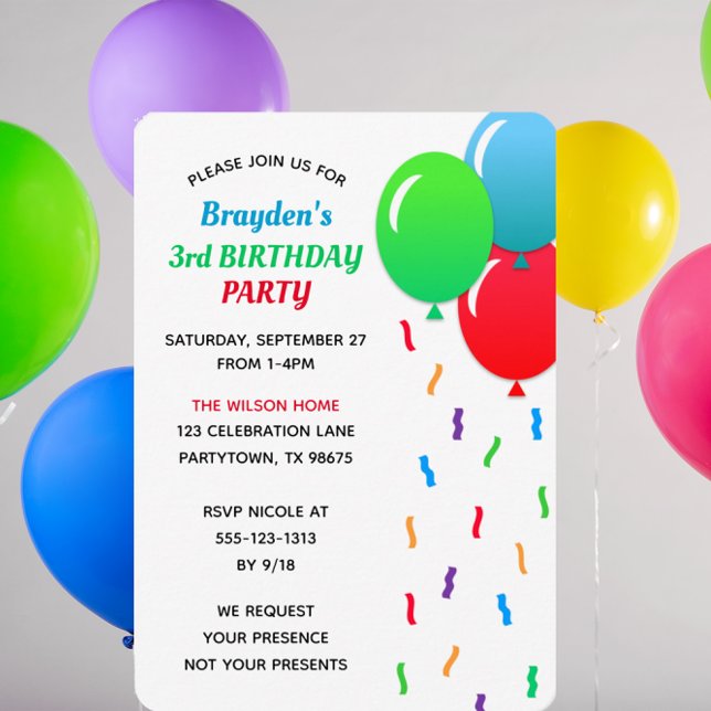 Blue Green & Red Balloons and Confetti Birthday Invitation (Creator Uploaded)
