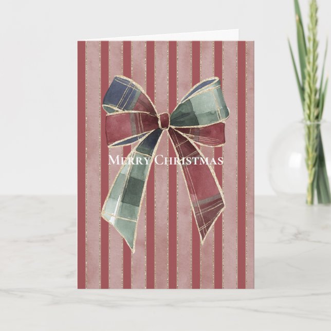 Blue Green Red Bow Stripes Christmas   Card (Front)