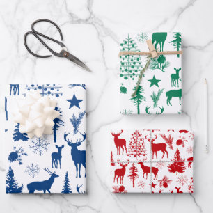 Blue Green Red Reindeer Woodland Forest Modern Wrapping Paper Sheet