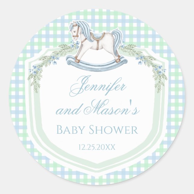 Blue green rocking horse gingham baby boy shower classic round sticker (Front)