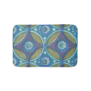 Blue Green Rustic Boho Geometric Circle Pattern Bath Mat