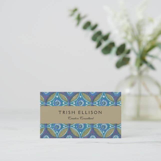 Blue Green Rustic Boho Geometric Circle Pattern Business Card (Standing Front)