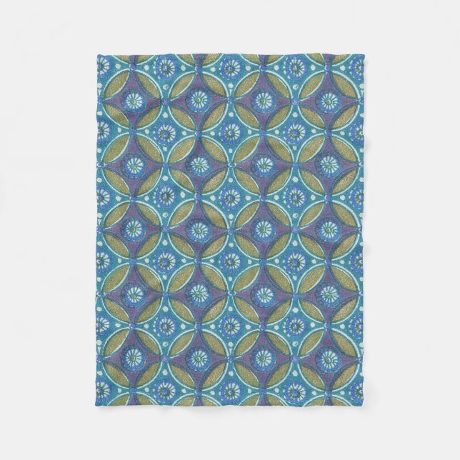 Blue Green Rustic Boho Geometric Circle Pattern Fleece Blanket (Front)