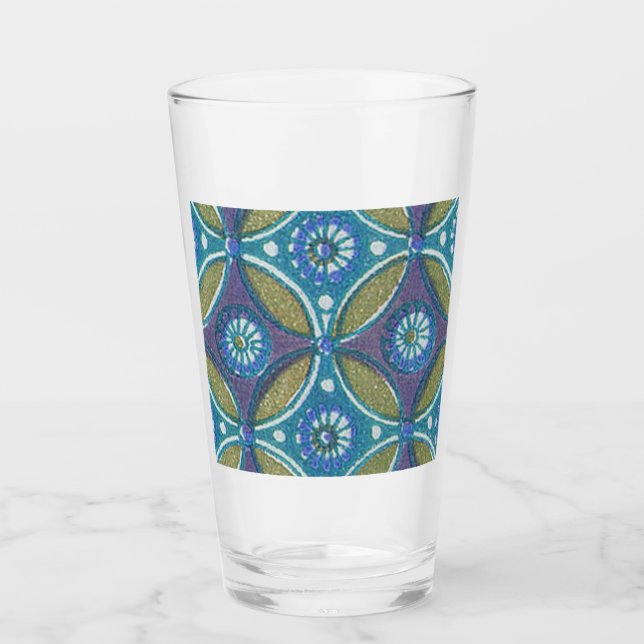 Blue Green Rustic Boho Geometric Circle Pattern Glass (Front)