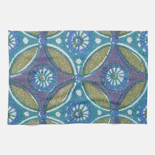 Blue Green Rustic Boho Geometric Circle Pattern Tea Towel (Horizontal)