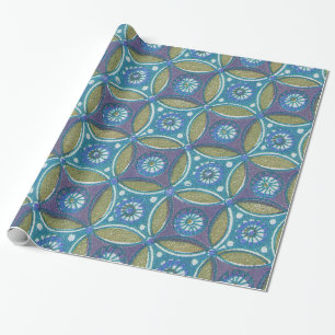 Blue Green Rustic Boho Geometric Circle Pattern Wrapping Paper