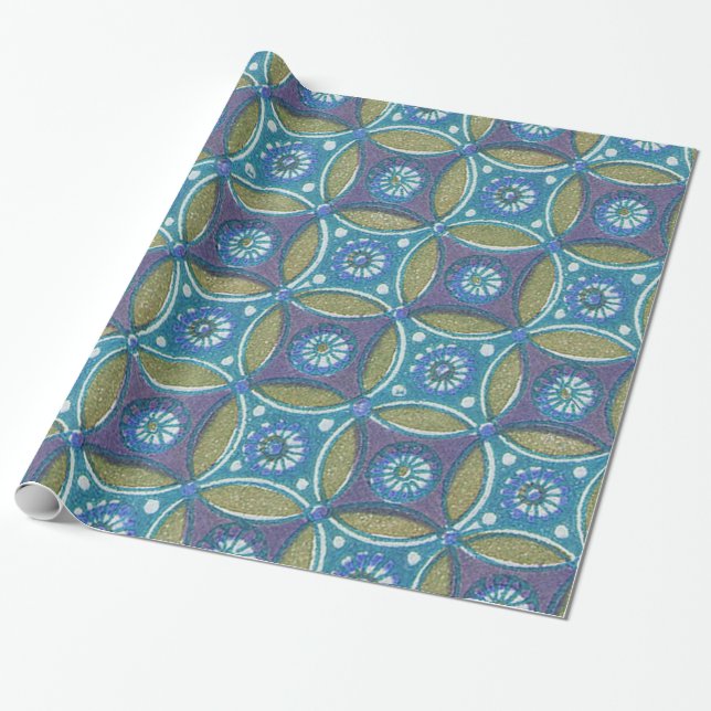 Blue Green Rustic Boho Geometric Circle Pattern Wrapping Paper (Unrolled)