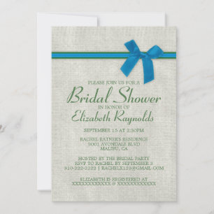Blue Green Rustic Burlap Bridal Shower Invitations