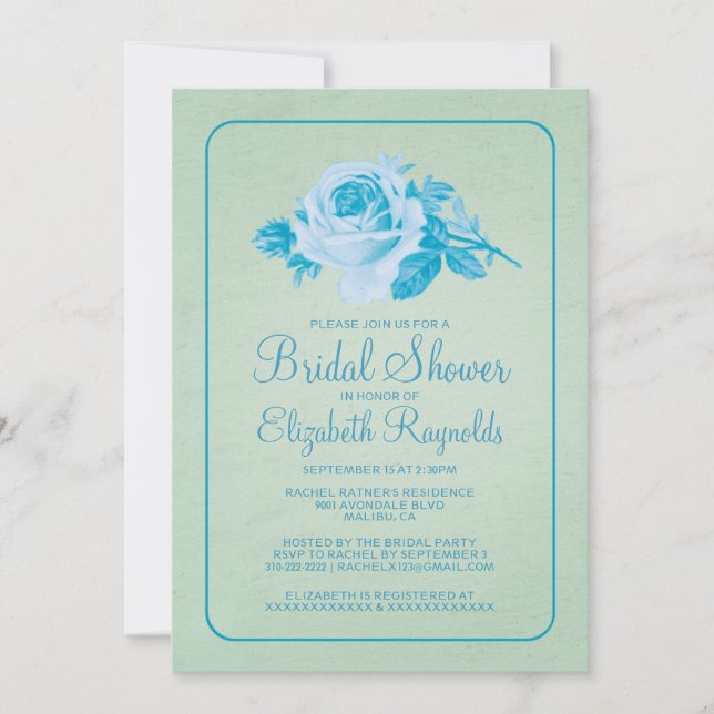 Blue Green Rustic Floral Bridal Shower Invitations (Front)