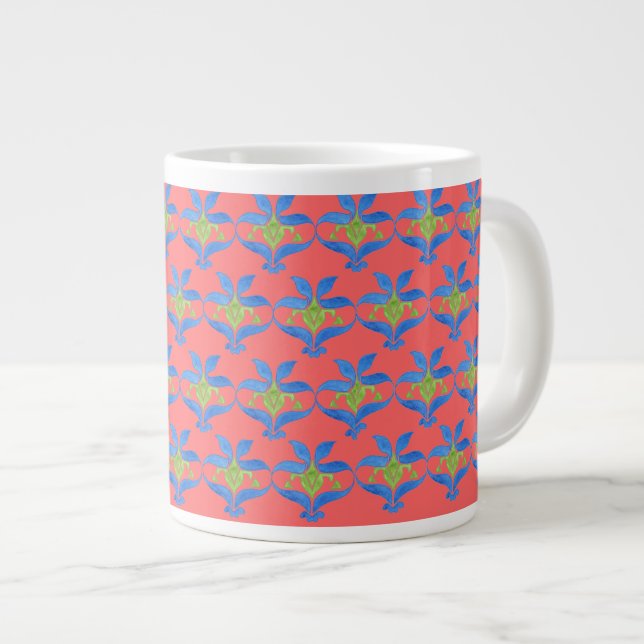 Blue, Green, Scarlet Art Nouveau Pattern Jumbo Mug (Front Right)