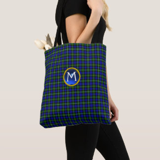 BLUE GREEN SCOTTISH CAMPBELL TARTAN GEM MONOGRAM TOTE BAG
